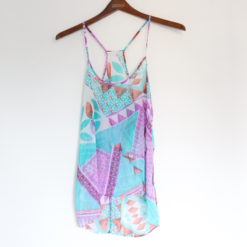 3/$15 Philosophy of Paek Printed Tank Top Spaghetti Strap Racerback Sheer Small